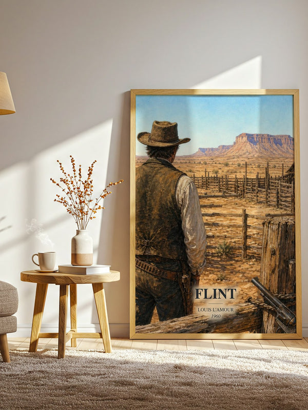 Flint watercolour print in frame leaning in hallway – adventure wall art