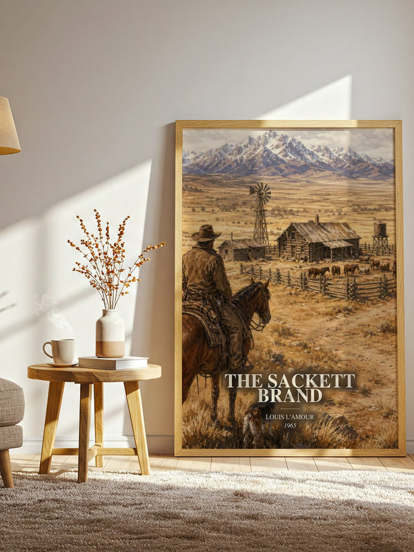The Sackett Brand watercolour print in frame leaning in hallway – adventure wall art