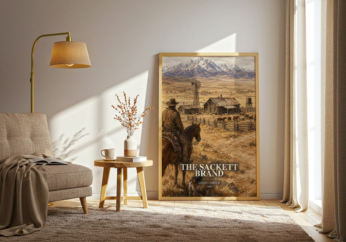 The Sackett Brand watercolour print in frame leaning in hallway – adventure wall art (mockup)