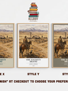 The Sackett Brand book cover print in frame leaning in hallway – adventure wall art