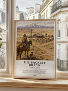 The Sackett Brand bookish poster colour and style options – Louis L'Amour book art