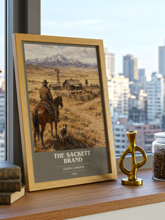 The Sackett Brand book cover print framed by window – literary home decor