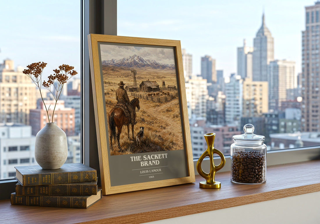 The Sackett Brand book cover print framed by window – literary home decor