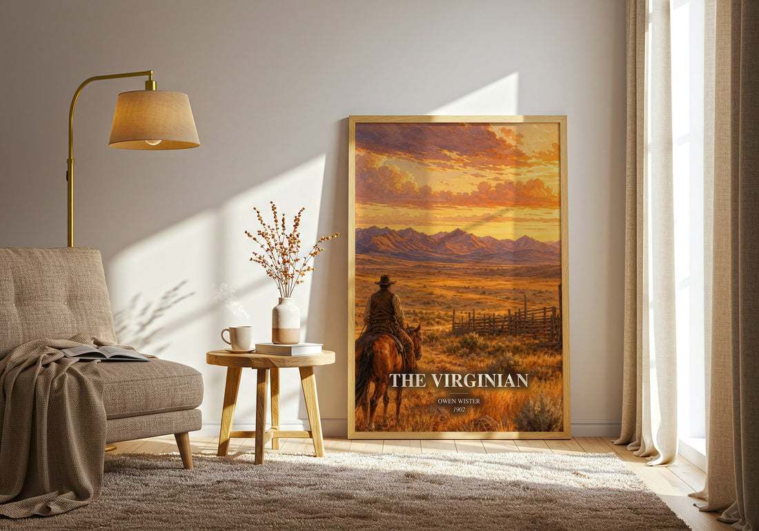 The Virginian watercolour print in frame leaning in hallway – adventure wall art (mockup)