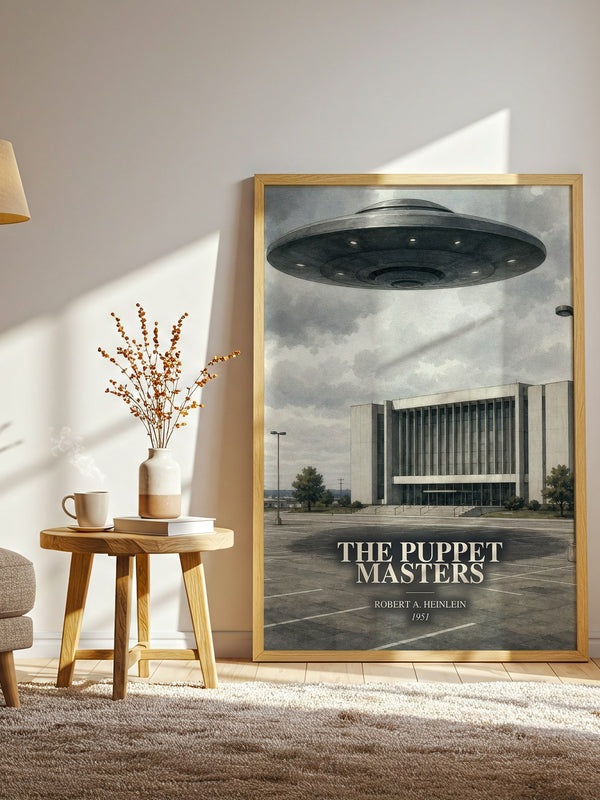 The Puppet Masters watercolour print in frame leaning in hallway – sci fi wall art