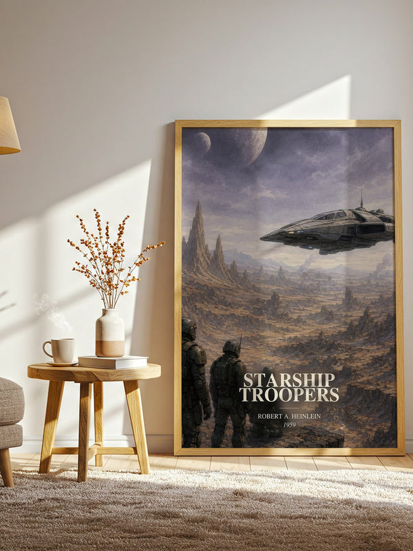 Starship Troopers watercolour print in frame leaning in hallway – sci fi wall art