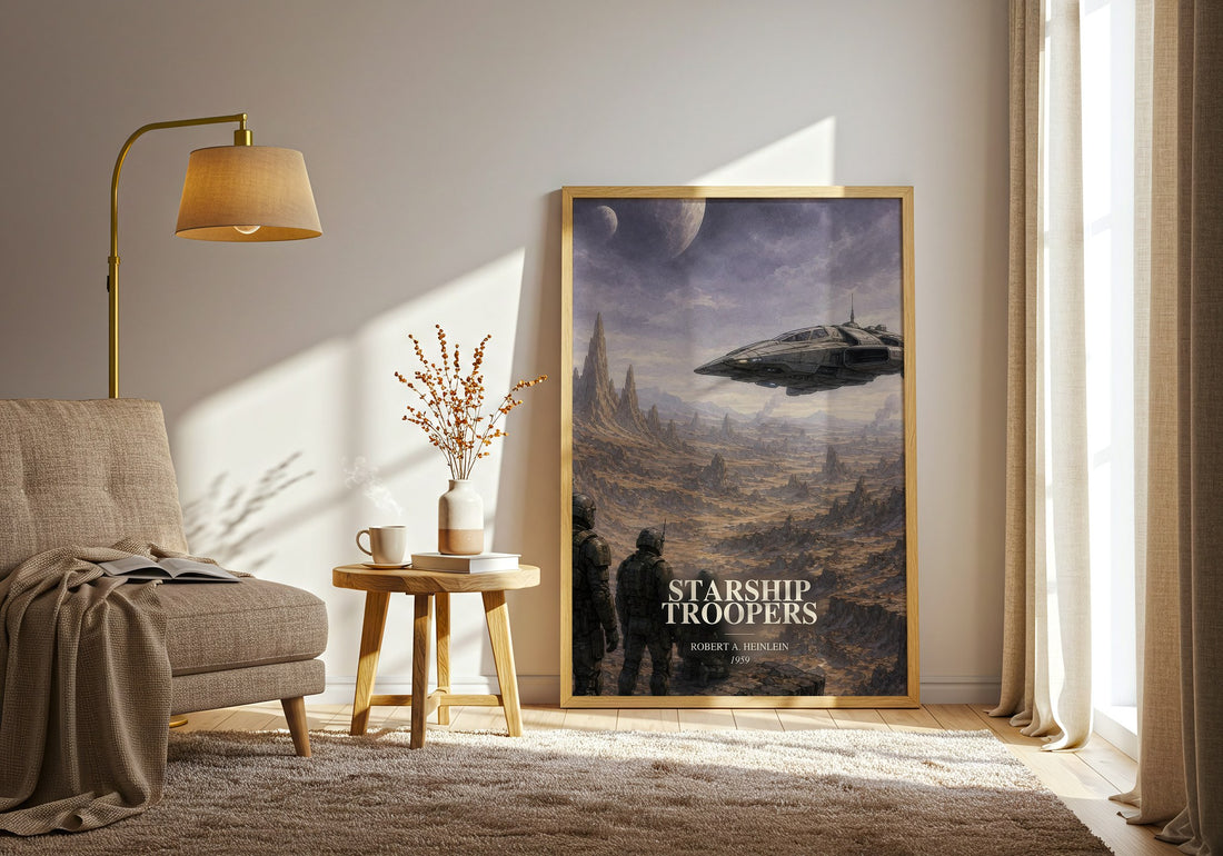 Starship Troopers watercolour print in frame leaning in hallway – sci fi wall art (mockup)