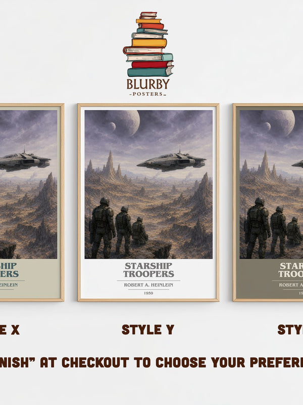 Starship Troopers book cover print in frame leaning in hallway – sci fi wall art