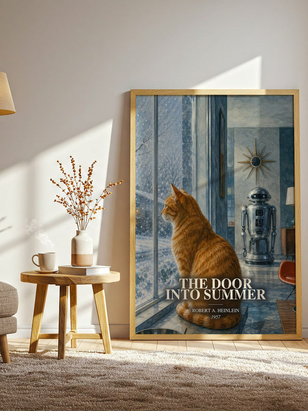 The Door into Summer watercolour print in frame leaning in hallway – sci fi wall art