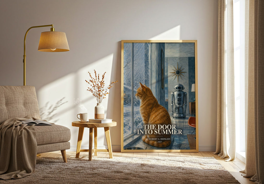 The Door into Summer watercolour print in frame leaning in hallway – sci fi wall art (mockup)