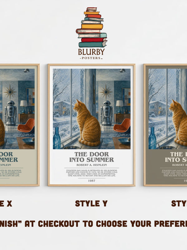 The Door into Summer bookish print in frame leaning in hallway – sci fi wall art