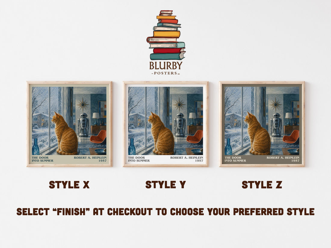 The Door into Summer literary print in frame leaning in hallway – sci fi wall art (mockup)