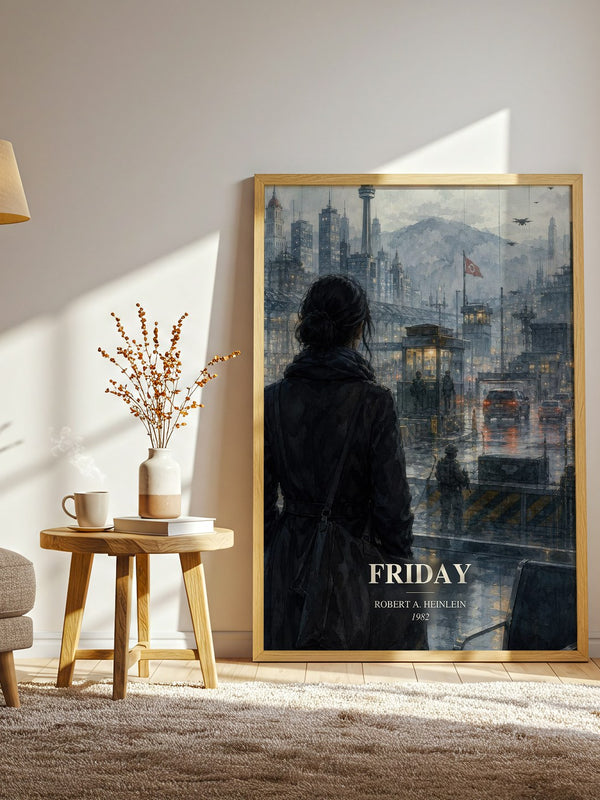 Friday watercolour print in frame leaning in hallway – sci fi wall art