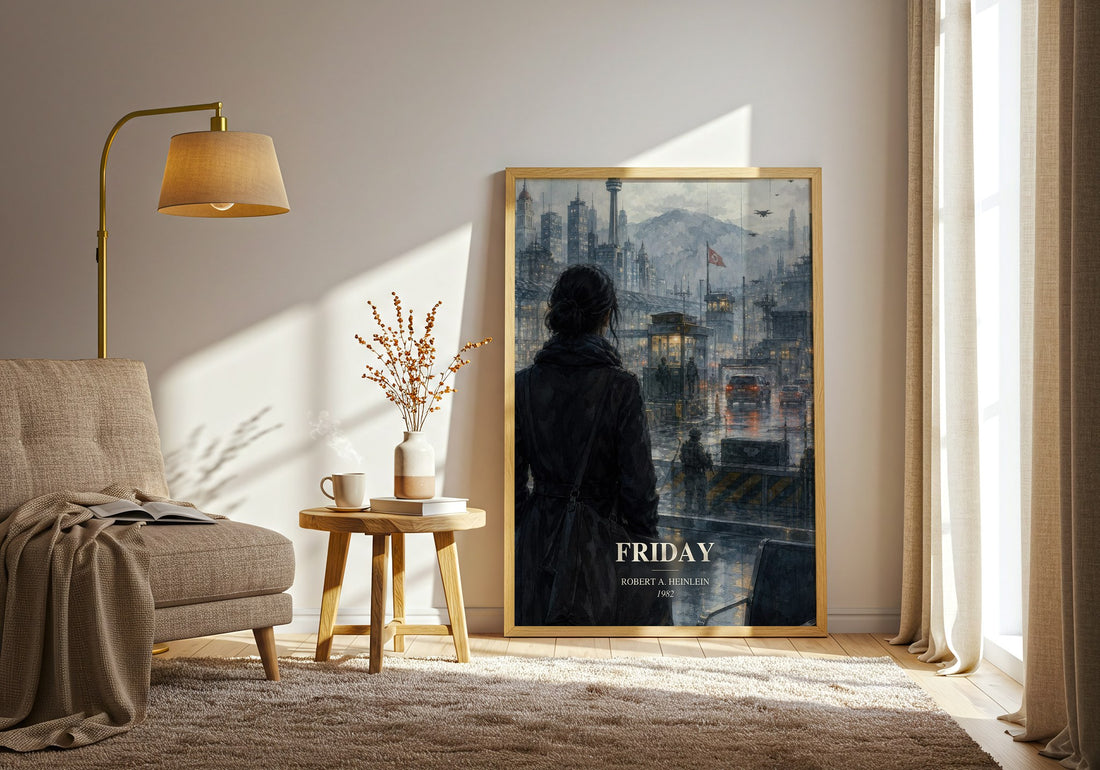 Friday watercolour print in frame leaning in hallway – sci fi wall art (mockup)