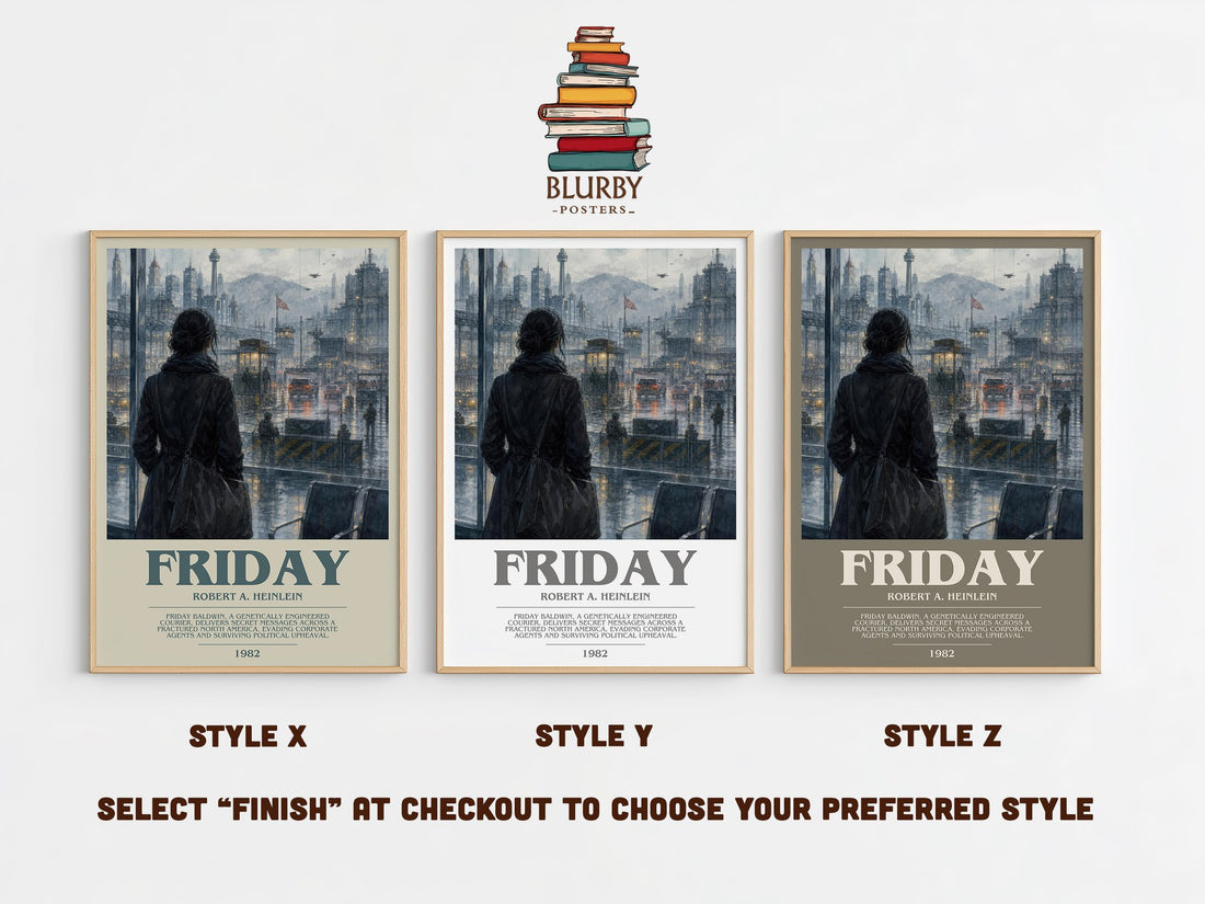 Friday bookish print in frame leaning in hallway – sci fi wall art (mockup)