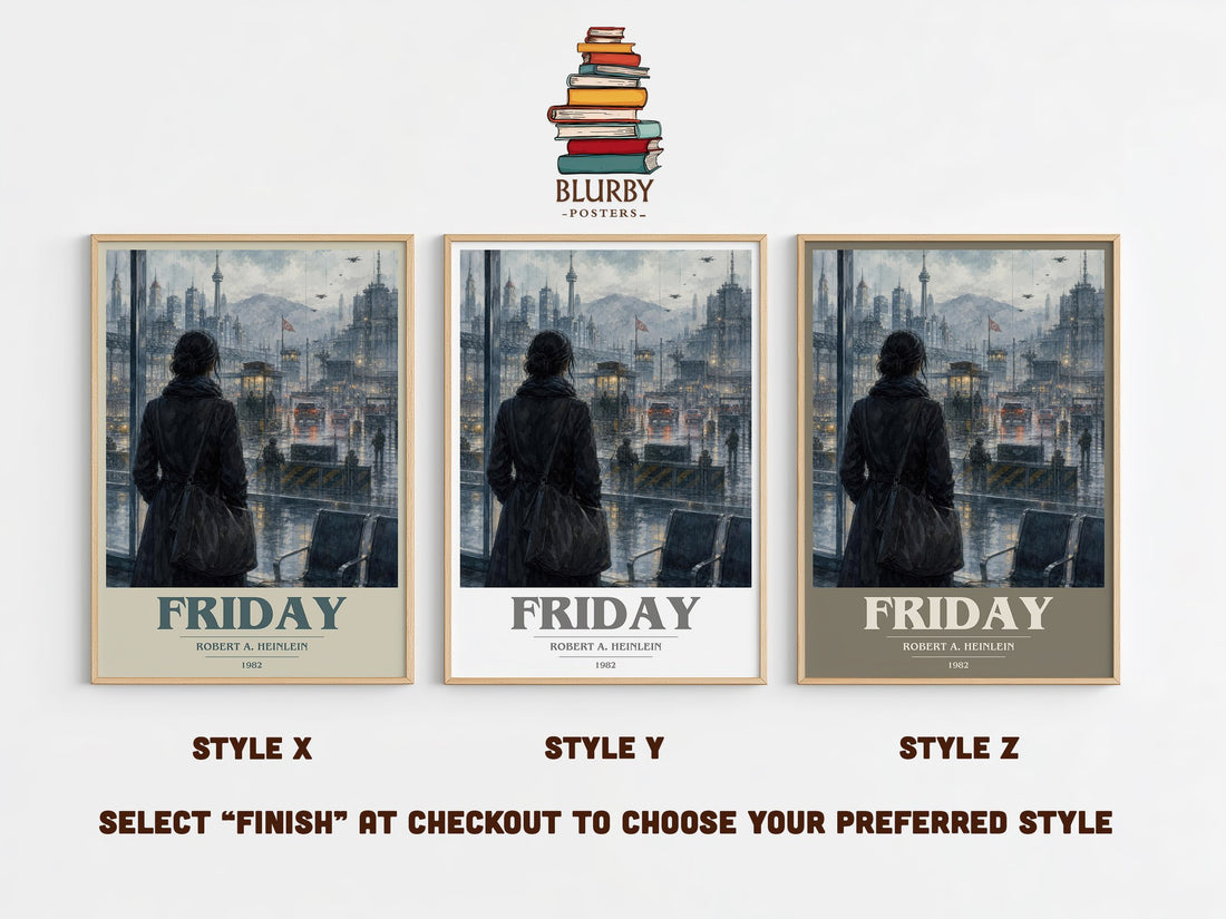 Friday book cover print in frame leaning in hallway – sci fi wall art (mockup)