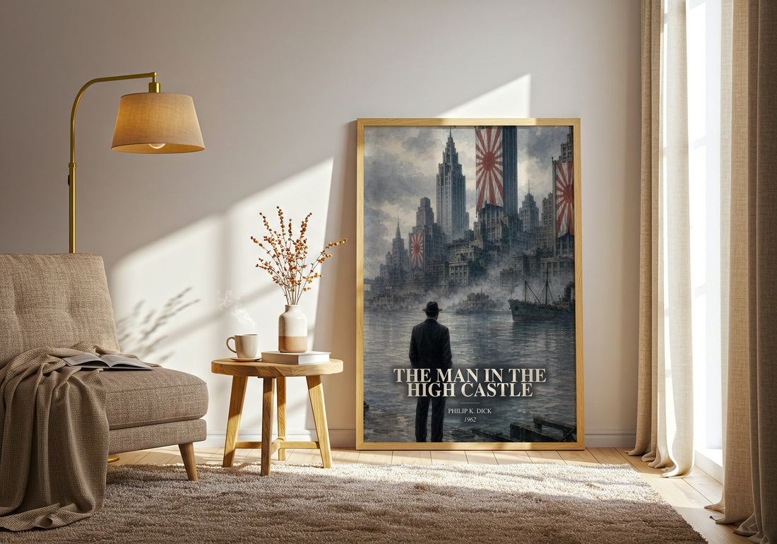 The Man in the High Castle watercolour print in frame leaning in hallway – sci fi wall art (mockup)