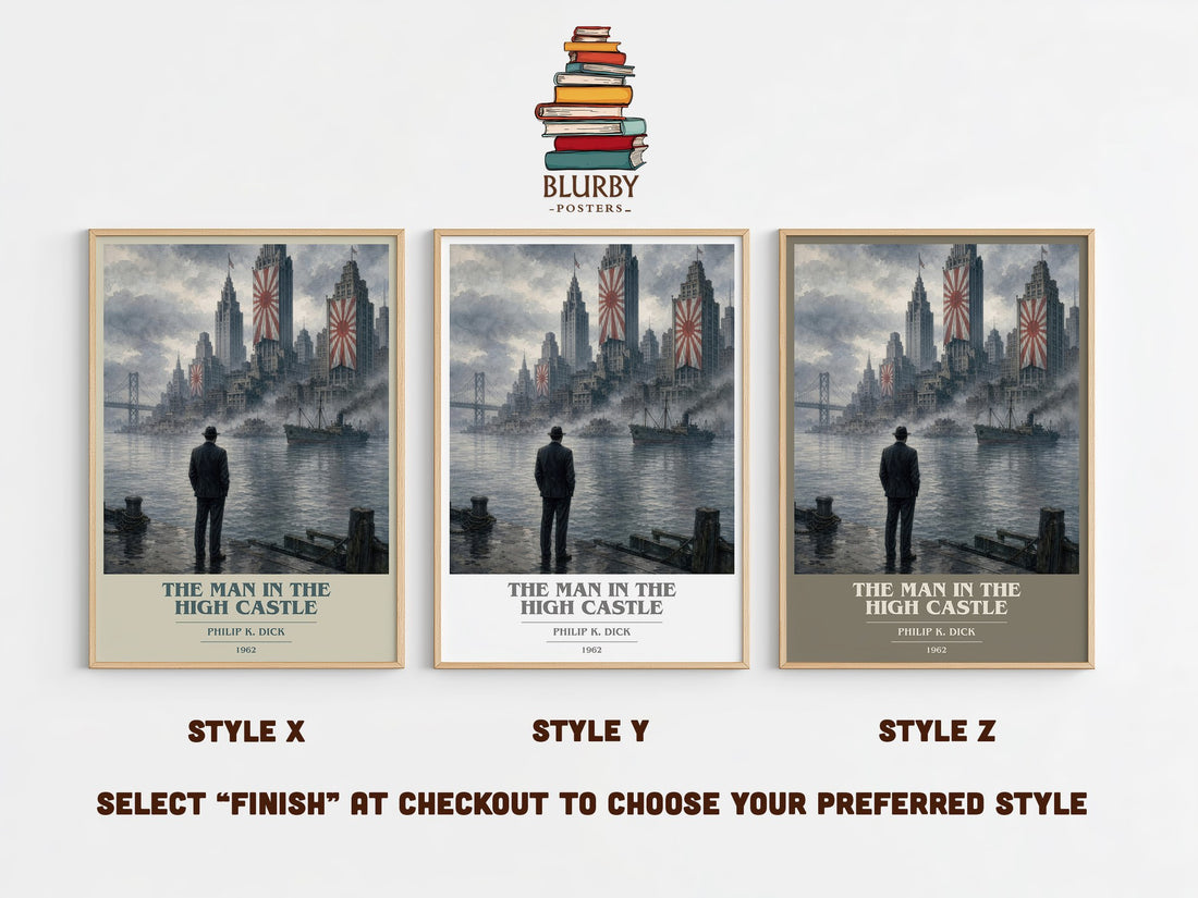 The Man in the High Castle book cover print in frame leaning in hallway – sci fi wall art (mockup)