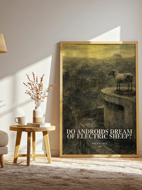Do Androids Dream of Electric Sheep? watercolour print in frame leaning in hallway – sci fi wall art
