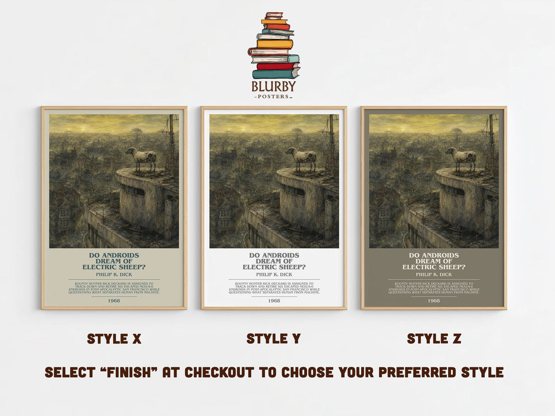 Do Androids Dream of Electric Sheep? bookish print in frame leaning in hallway – sci fi wall art (mockup)