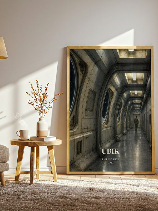 Ubik watercolour print in frame leaning in hallway – sci fi wall art