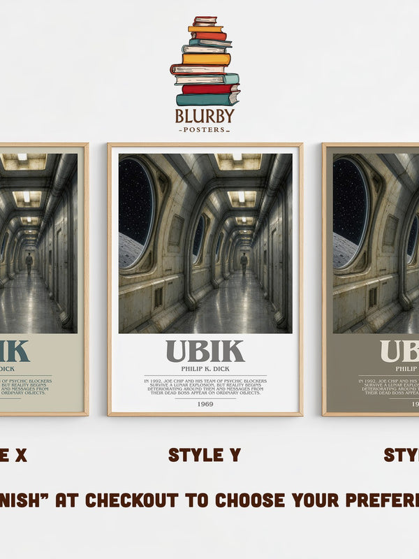 Ubik bookish print in frame leaning in hallway – sci fi wall art