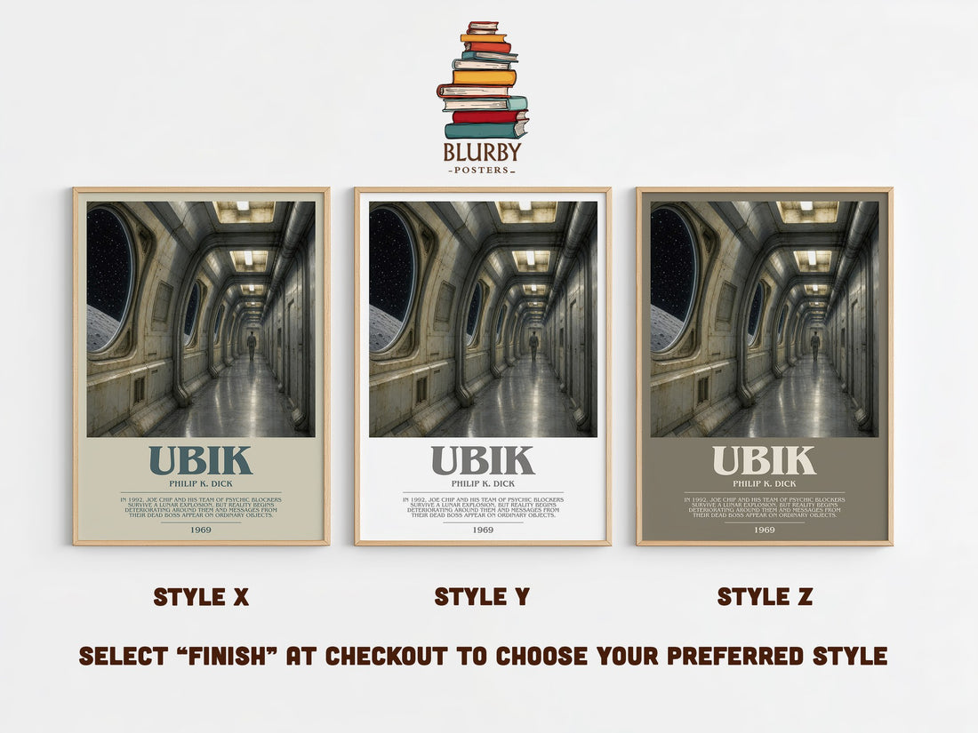 Ubik bookish print in frame leaning in hallway – sci fi wall art (mockup)