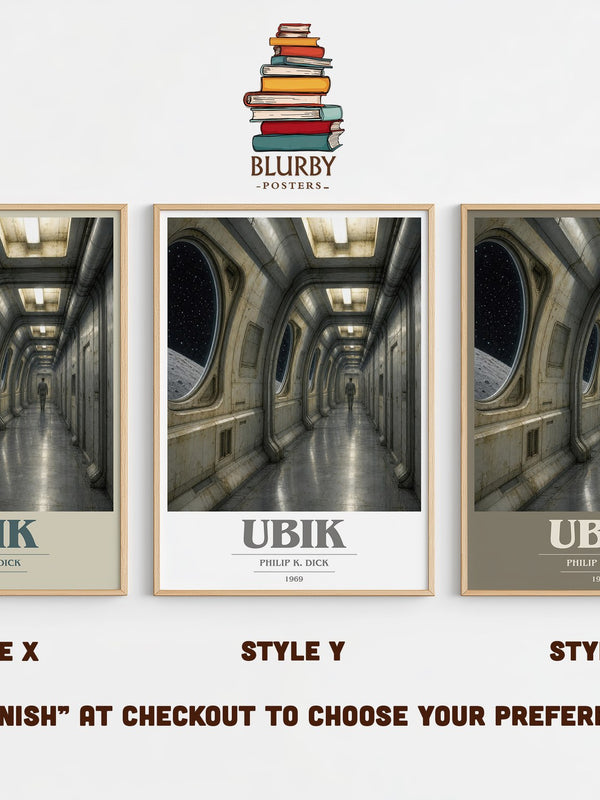 Ubik book cover print in frame leaning in hallway – sci fi wall art