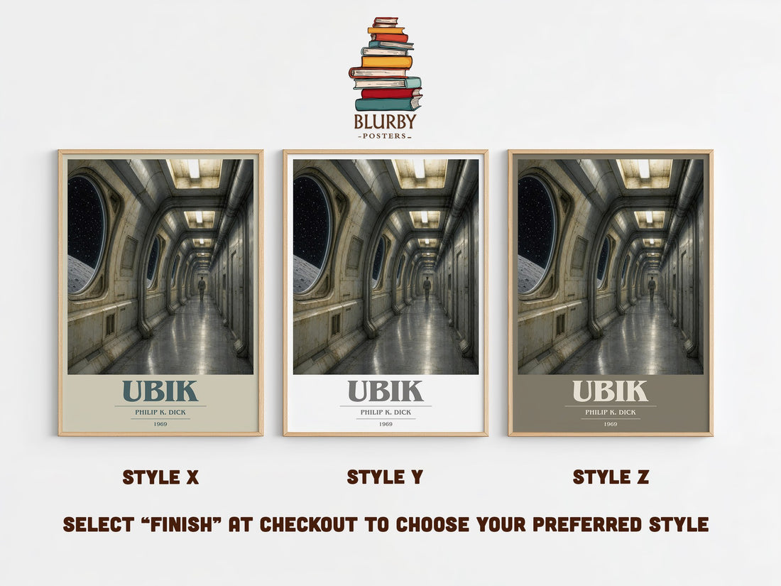 Ubik book cover print in frame leaning in hallway – sci fi wall art (mockup)