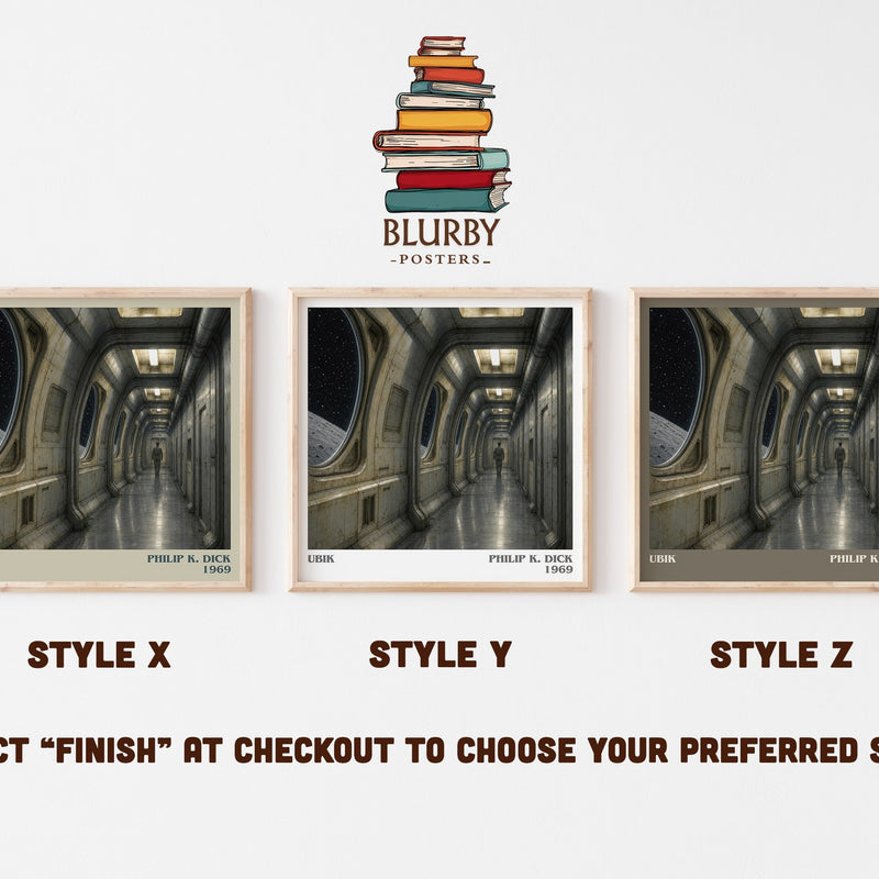 Ubik literary print in frame leaning in hallway – sci fi wall art