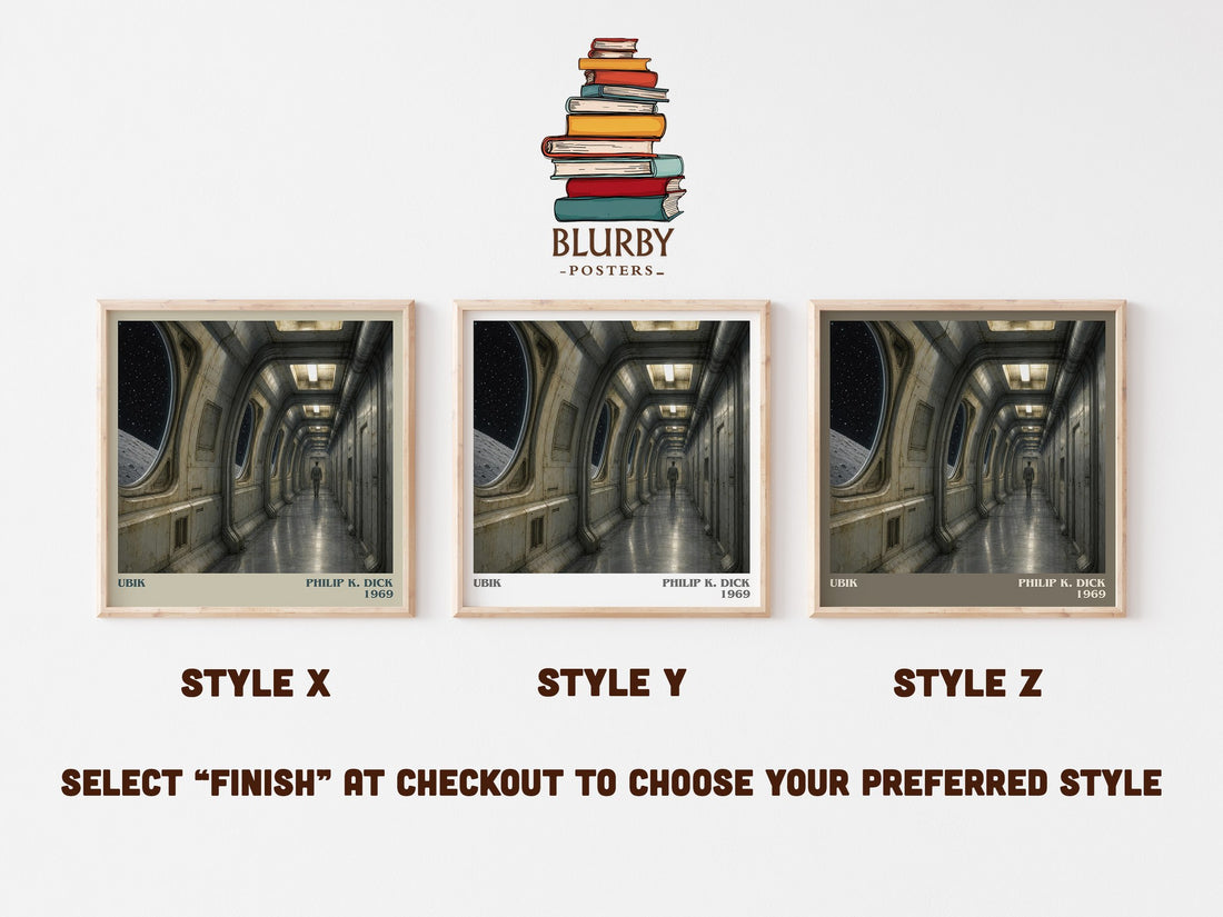 Ubik literary print in frame leaning in hallway – sci fi wall art (mockup)