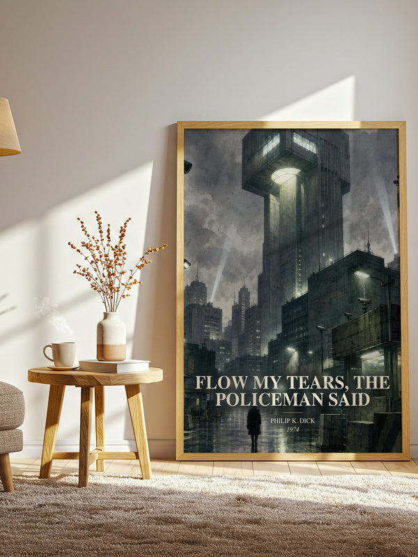 Flow My Tears, the Policeman Said watercolour print in frame leaning in hallway – sci fi wall art