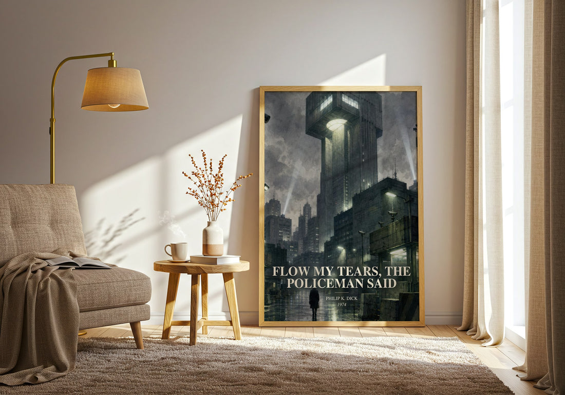 Flow My Tears, the Policeman Said watercolour print in frame leaning in hallway – sci fi wall art (mockup)