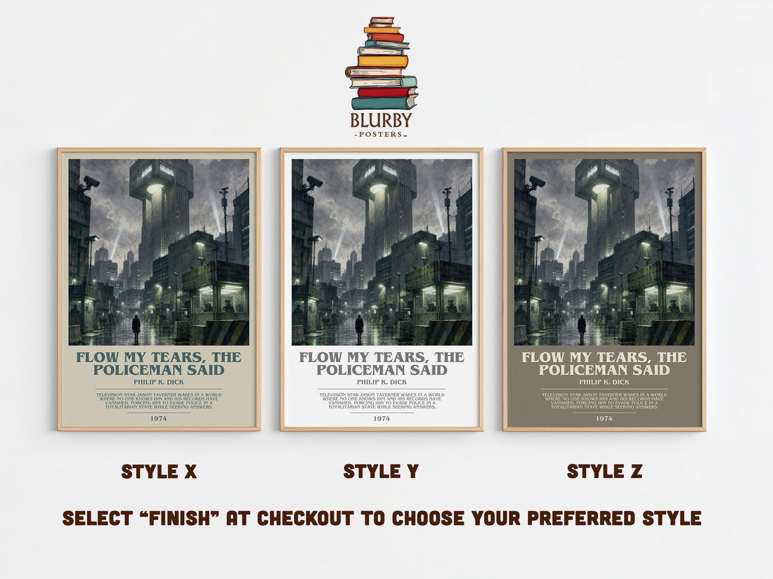 Flow My Tears, the Policeman Said bookish print in frame leaning in hallway – sci fi wall art (mockup)