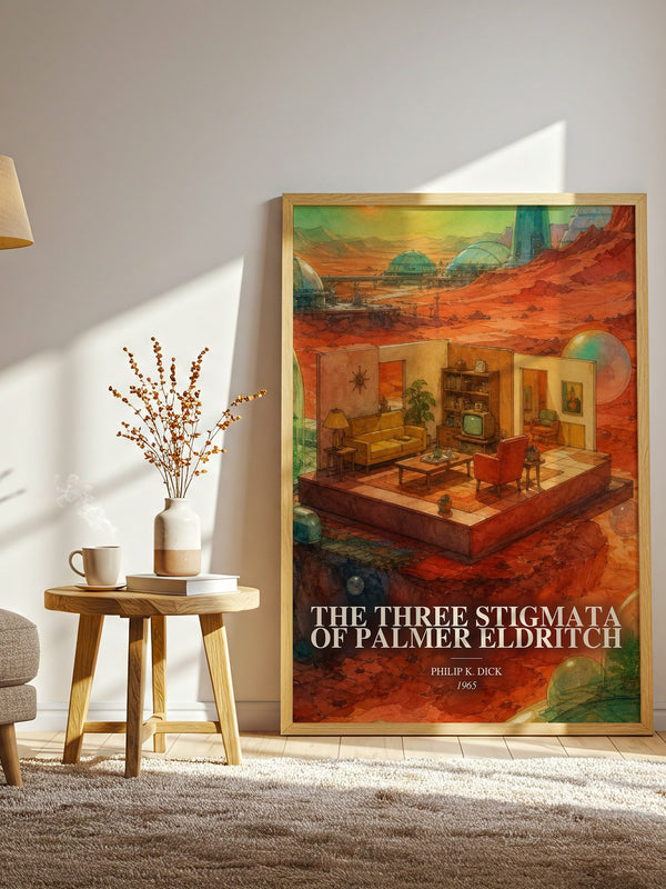 The Three Stigmata of Palmer Eldritch watercolour print in frame leaning in hallway – sci fi wall art