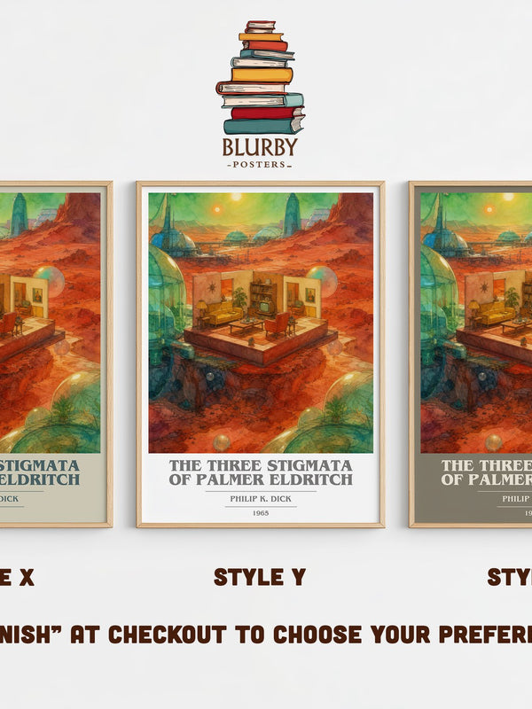 The Three Stigmata of Palmer Eldritch book cover print in frame leaning in hallway – sci fi wall art