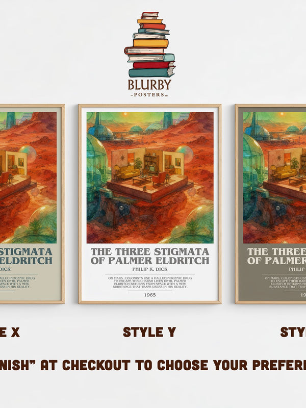 The Three Stigmata of Palmer Eldritch bookish print in frame leaning in hallway – sci fi wall art