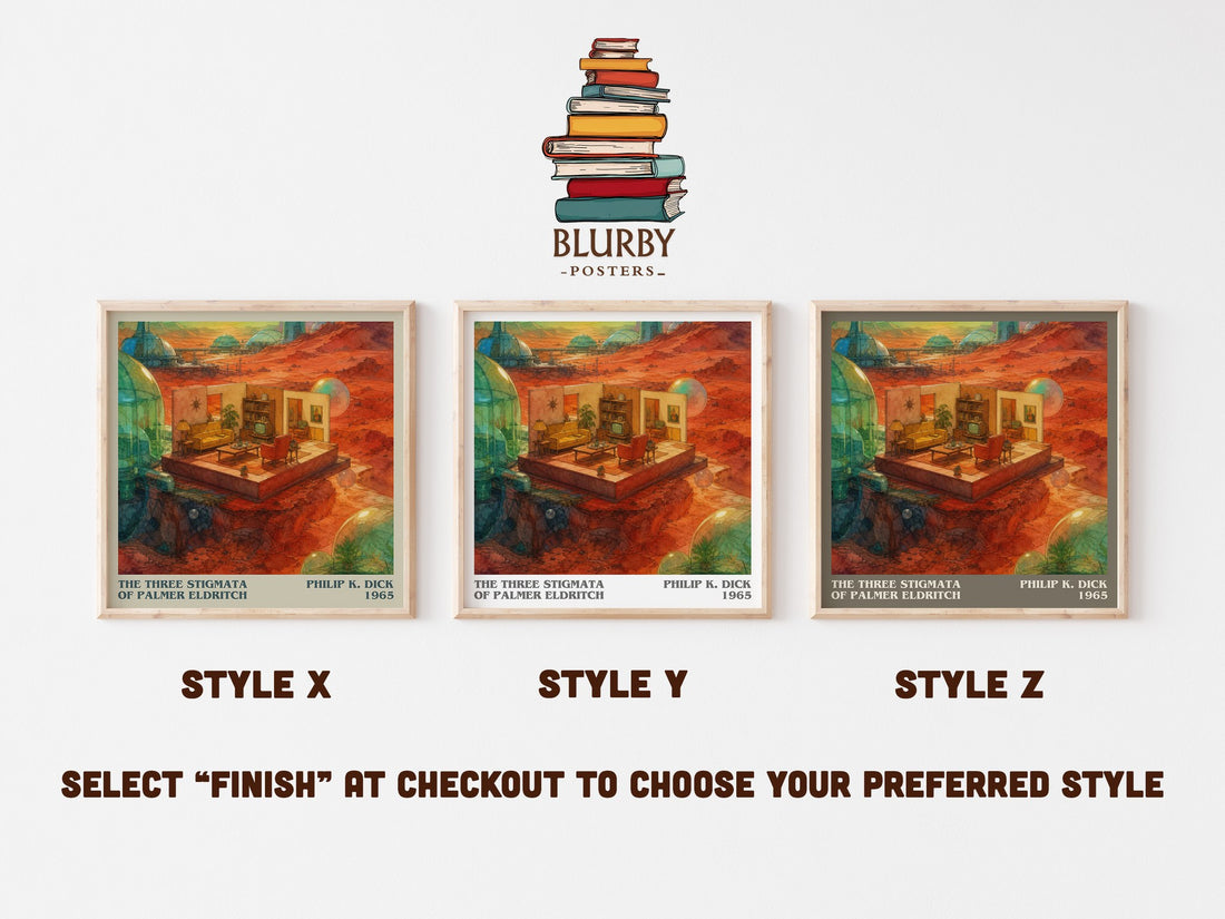 The Three Stigmata of Palmer Eldritch literary print in frame leaning in hallway – sci fi wall art (mockup)