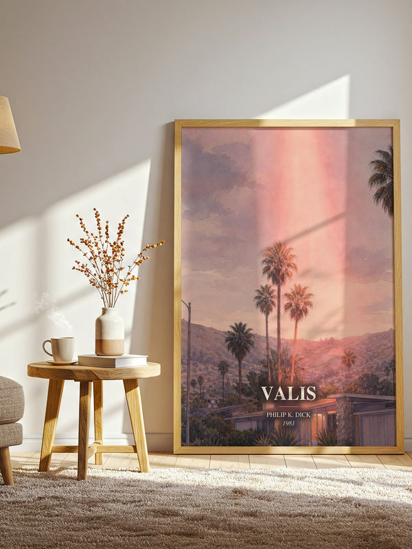VALIS watercolour print in frame leaning in hallway – sci fi wall art