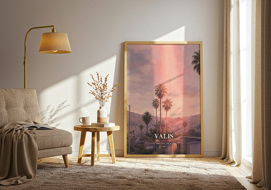 VALIS watercolour print in frame leaning in hallway – sci fi wall art (mockup)