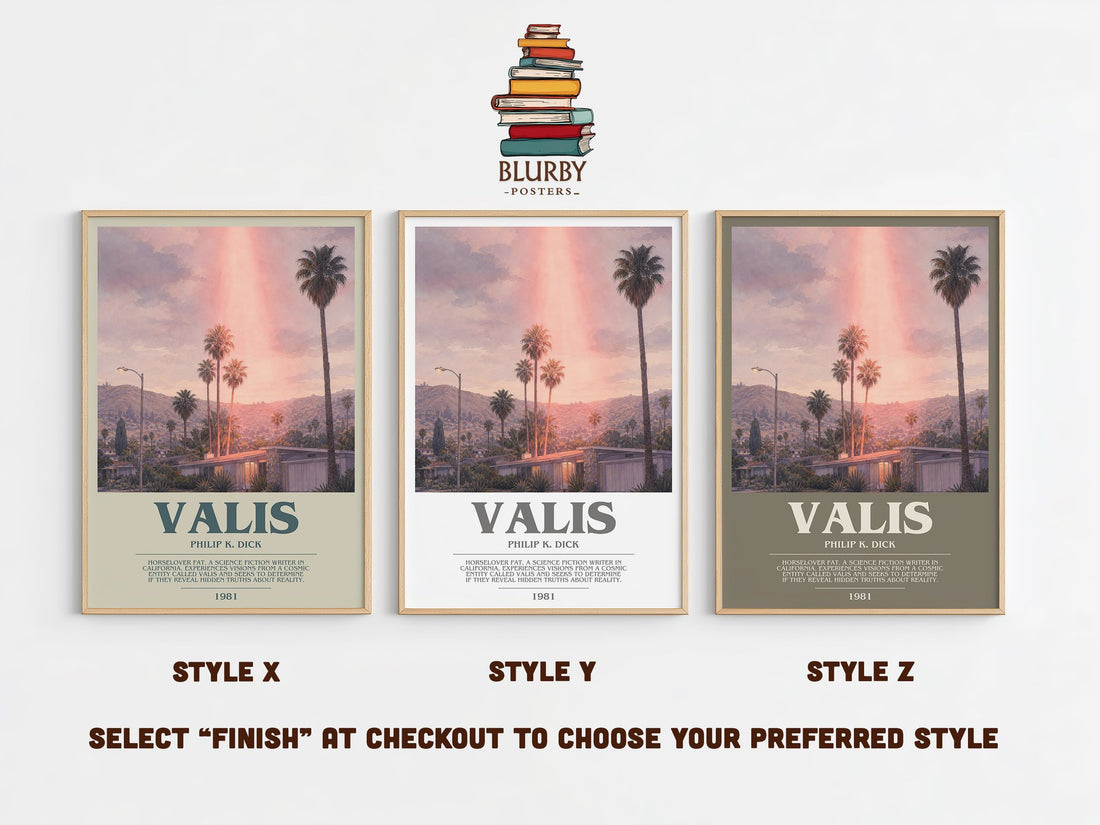 VALIS bookish print in frame leaning in hallway – sci fi wall art (mockup)