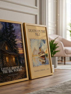 Little House in the Big Woods watercolour print framed by window – literary home decor