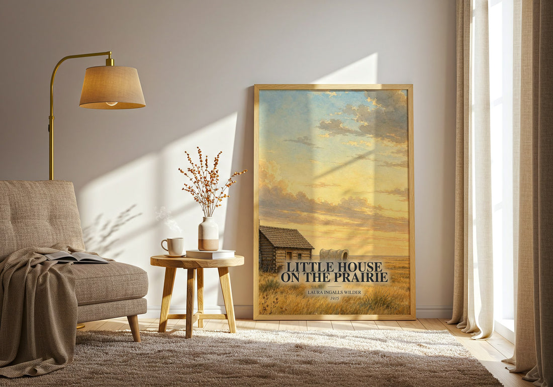 Little House on the Prairie watercolour print in frame leaning in hallway – childrens wall art (mockup)