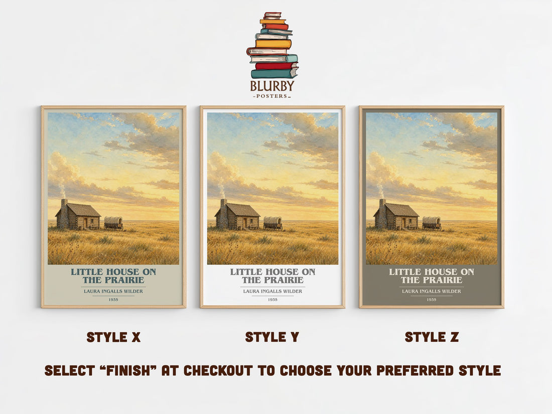 Little House on the Prairie book cover print in frame leaning in hallway – childrens wall art (mockup)