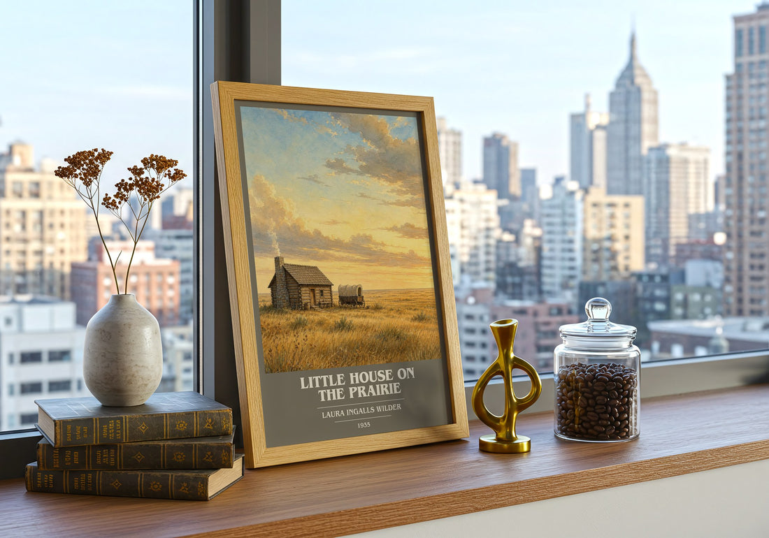 Little House on the Prairie book cover print framed by window – literary home decor