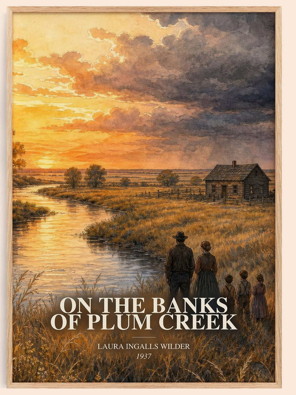 On the Banks of Plum Creek watercolour book poster by Laura Ingalls Wilder – framed literary art print