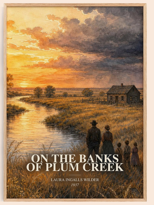 On the Banks of Plum Creek watercolour book poster by Laura Ingalls Wilder – framed literary art print