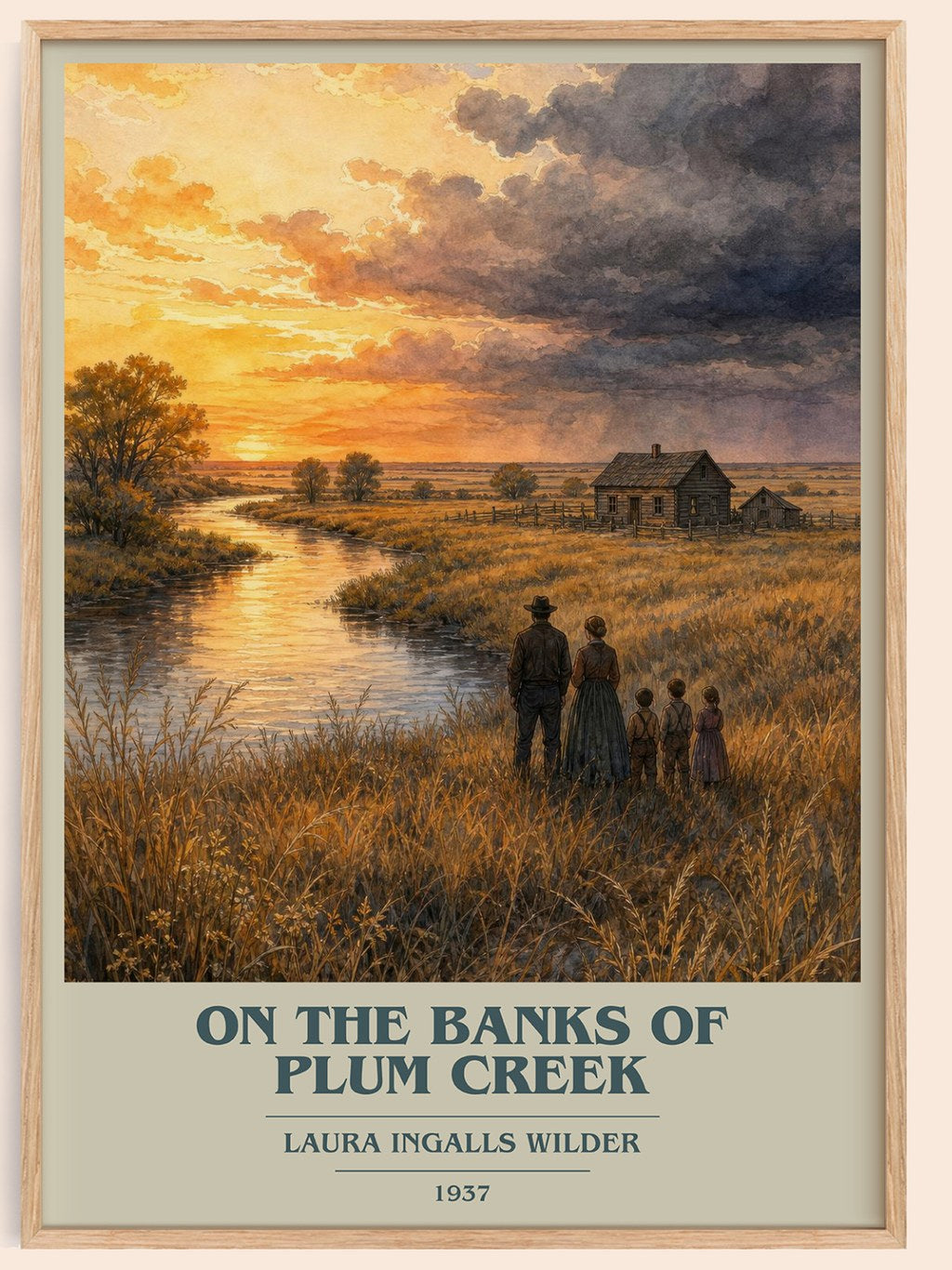 On the Banks of Plum Creek book cover book poster by Laura Ingalls Wilder – framed literary art print