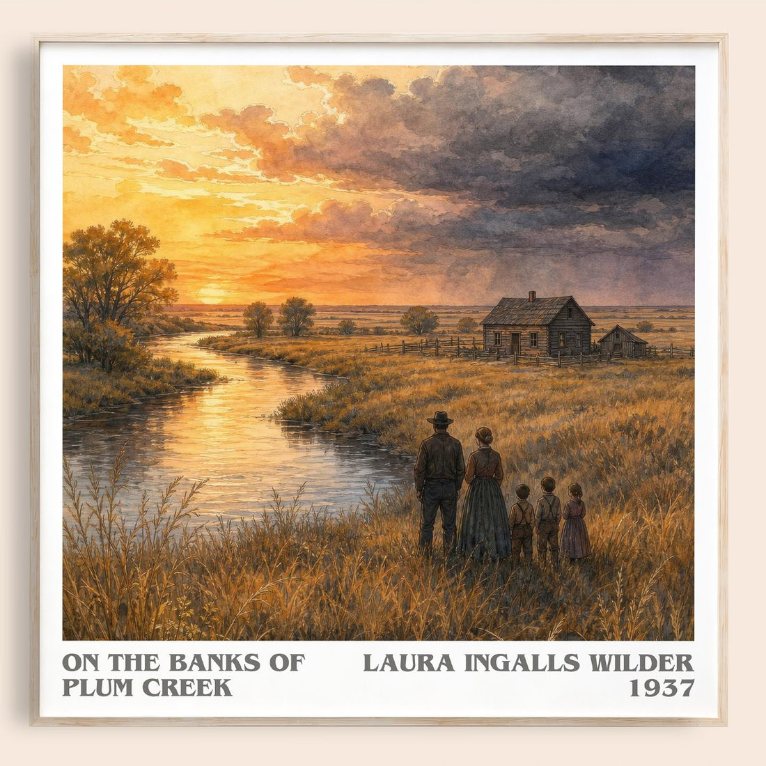 On the Banks of Plum Creek literary book poster by Laura Ingalls Wilder – framed literary art print