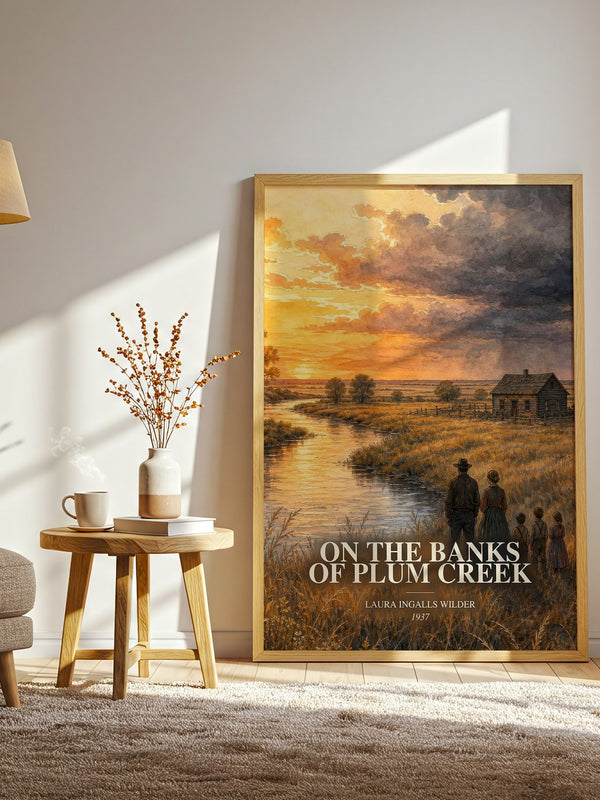On the Banks of Plum Creek watercolour print in frame leaning in hallway – childrens wall art
